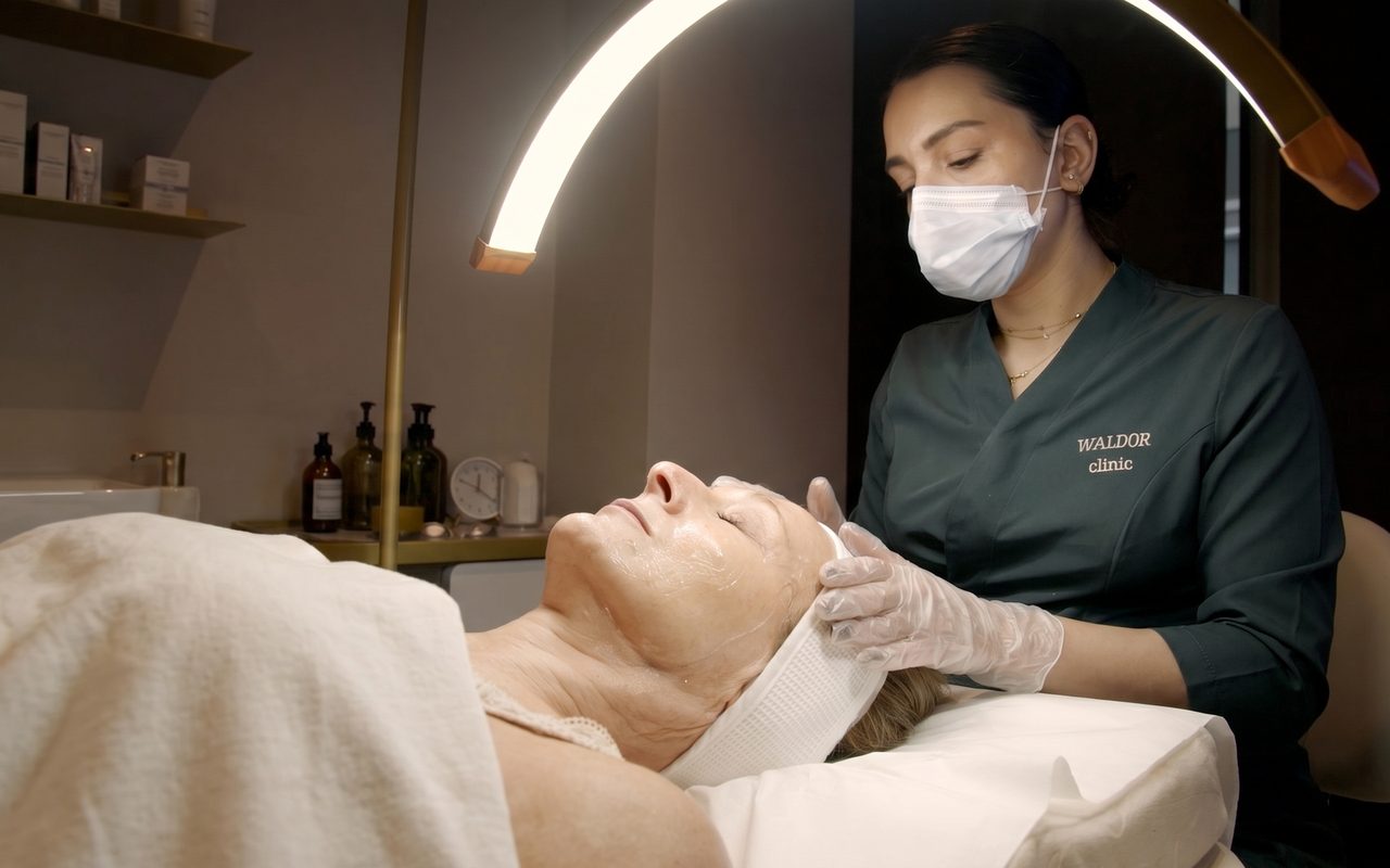 A HydraGlass facial in progress at Waldor Clinic: the exfoliate, extract and hydrate signature base